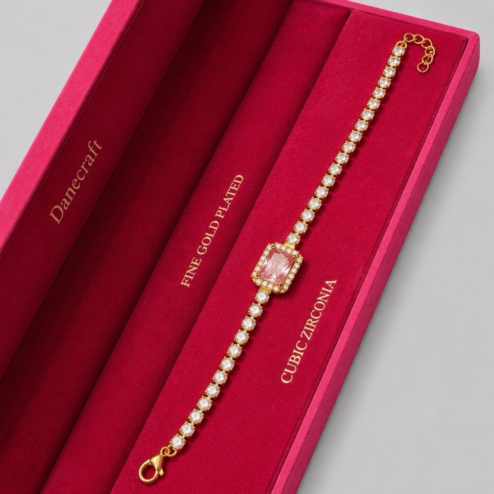 Danecraft Gold Plated CZ Tennis Bracelet Pink Center Stone Jewelry Gift NEW